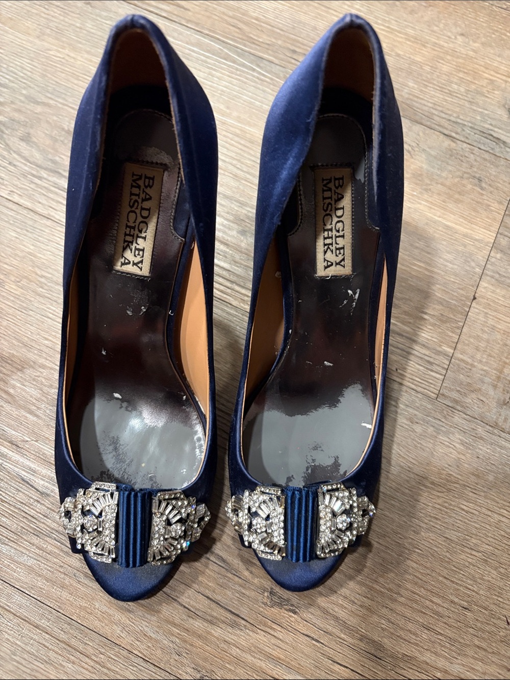 Badgley Mischka Navy Satin Jeweled Peep-Toe Pumps
